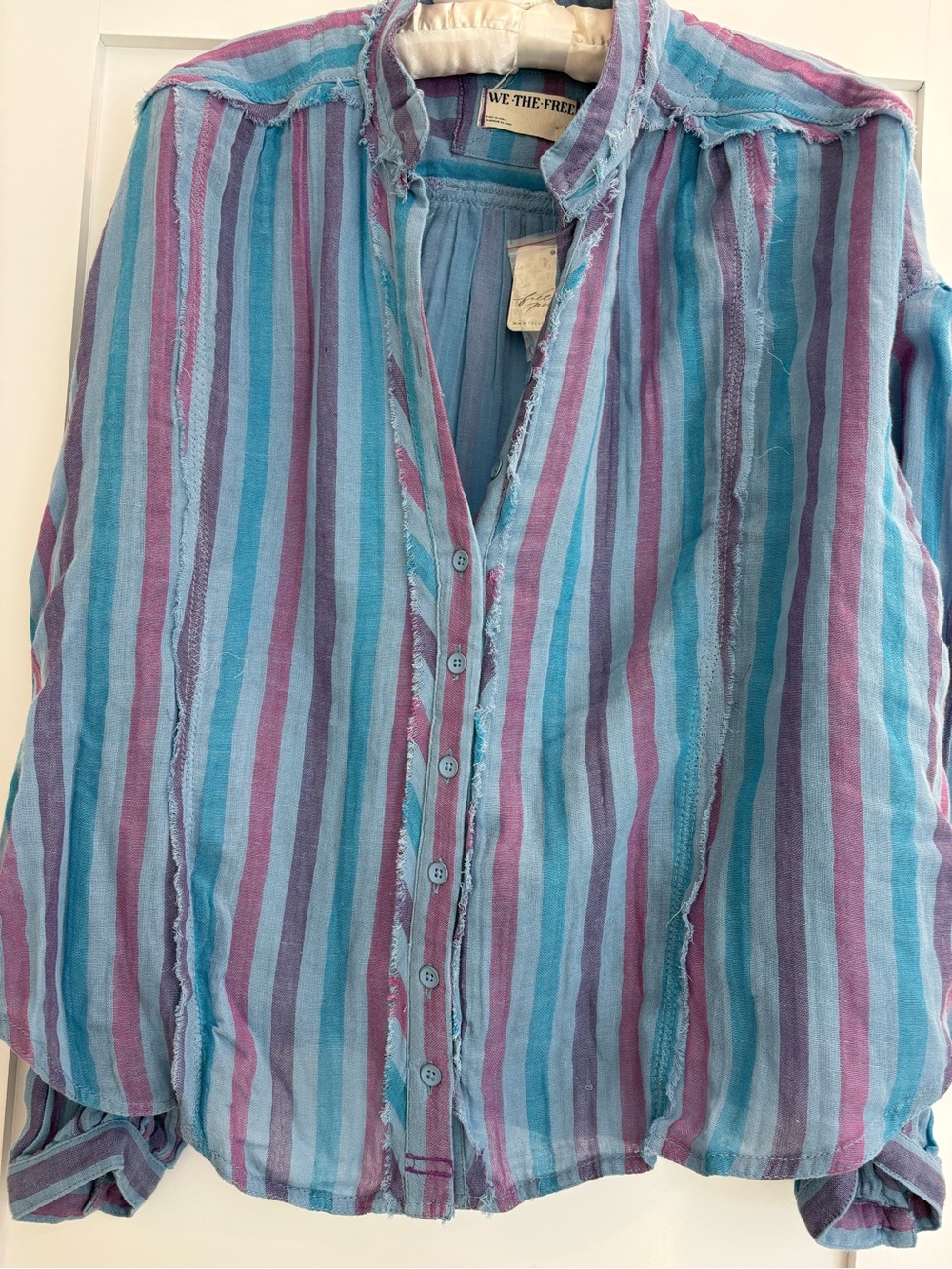 We The Free Striped Button-Front Long-Sleeve Top in Teal, Purple & Blue